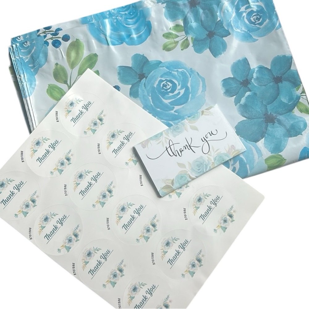 Blue Floral 10x13" Waterproof Poly Mailers, Floral Thank you Cards & Stickers
